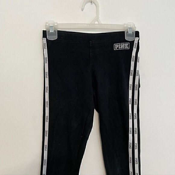 PINK VS VICTORIA'S SECRET Black White Double Side Stripe Tape Spellout Leggings - Picture 2 of 11